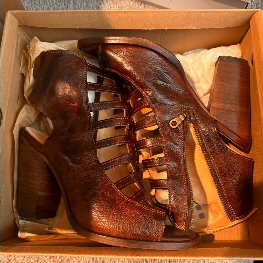 Bed Stu Dark Brown Heeled Boots with Strappy Design